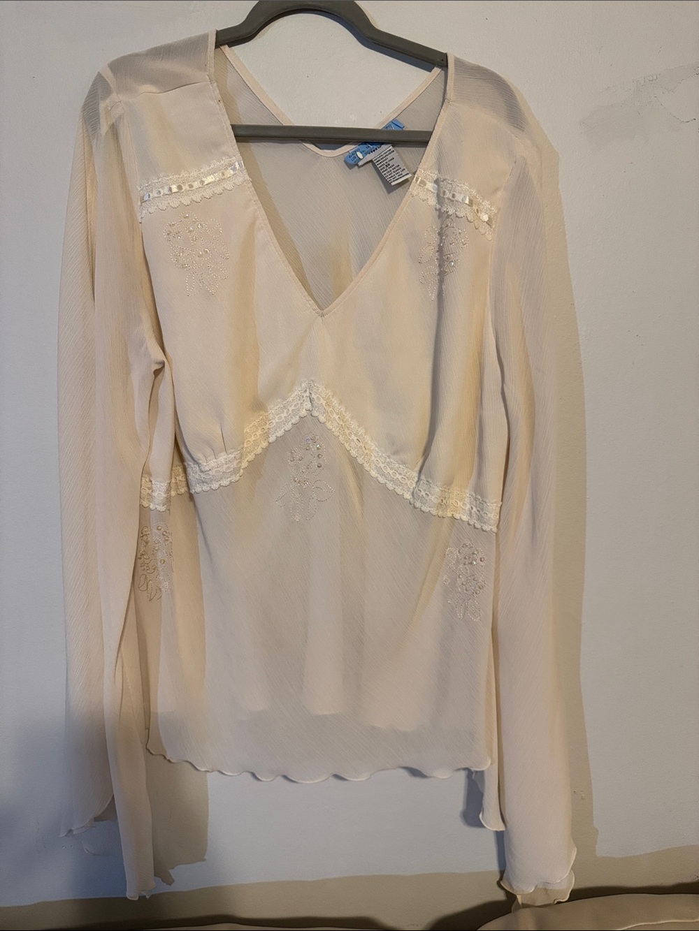 Unique Spectrum Sheer Cream V-Neck Lace-Trim Blouse
